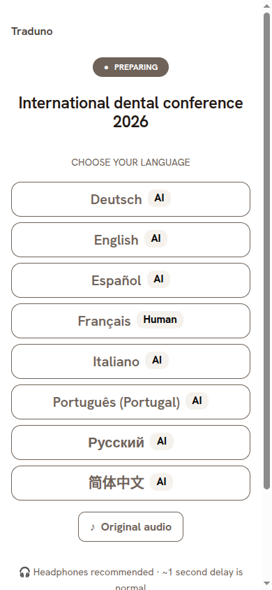 Listener page open on a phone: a language picker with an Original audio option below.